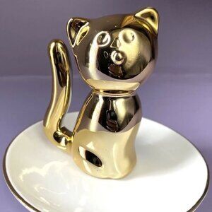 Cute Gold Kitty Porcelain Trinket Jewelry Holder